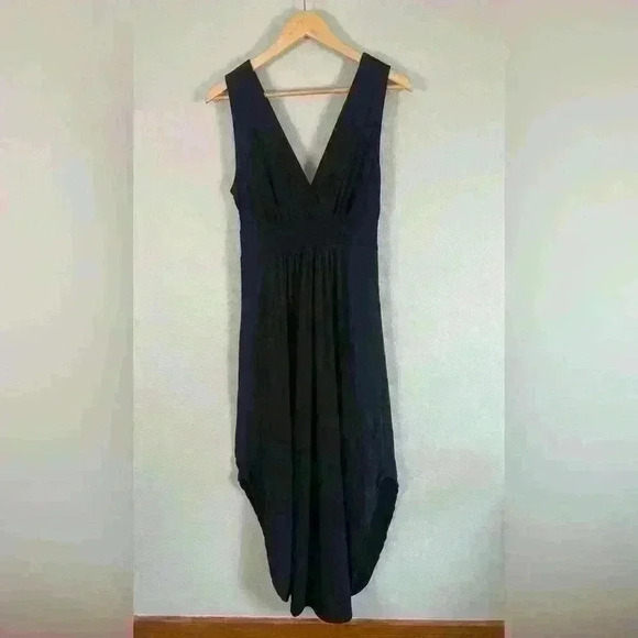 Rolla Coster Black V Neck Crossover Ribbed Tank Dress Side Slit Women's Large - Picture 1 of 8
